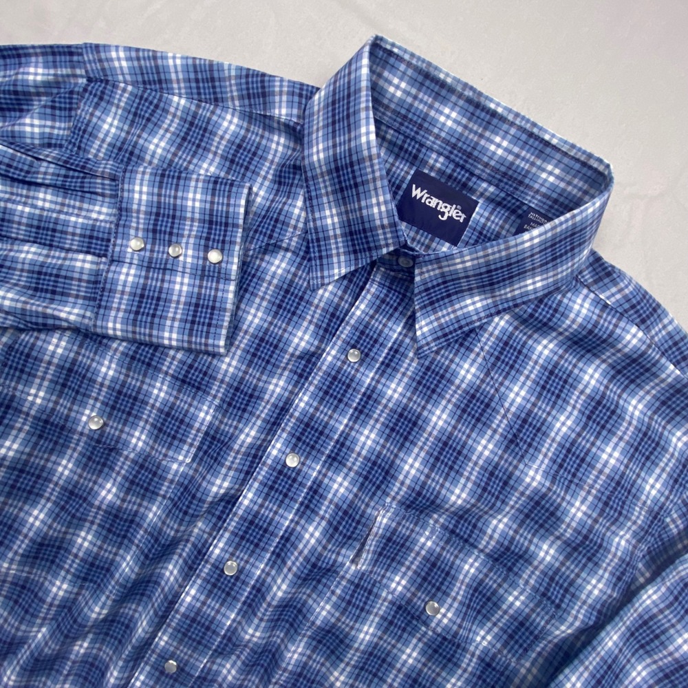 Wrangler‎ Mens XLT Blue Plaid Pearl Snap Western Cowboy Shirt Long Sleeve Tall